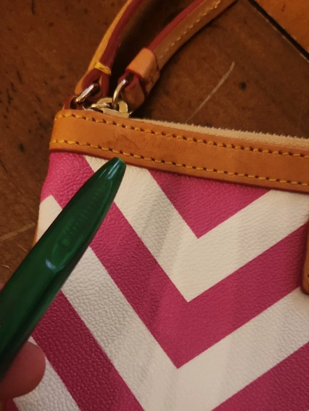 Dooney & Bourke Pink and White Chevron Wristlet with Tan Trim